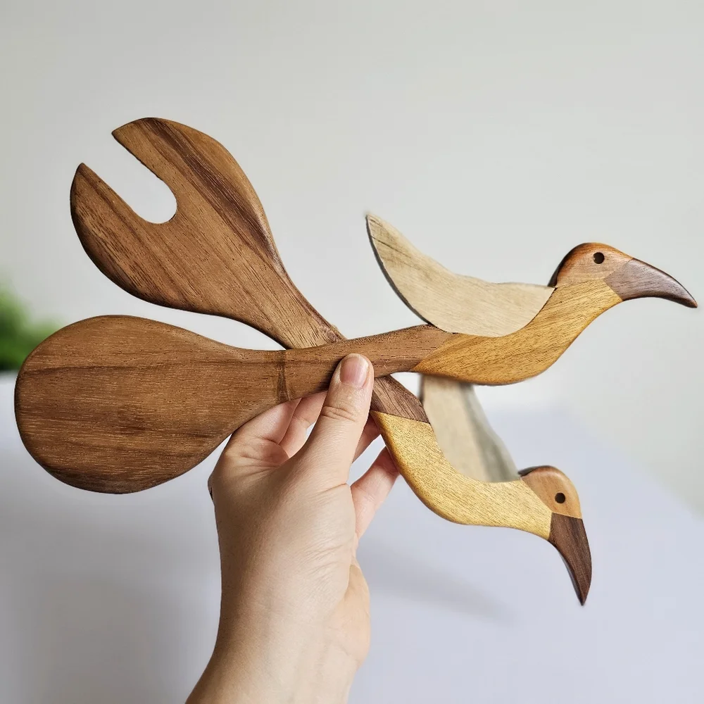 Handcarved Tribal Wooden Bird-Shaped Fork Spoon Rustic Serving Servers